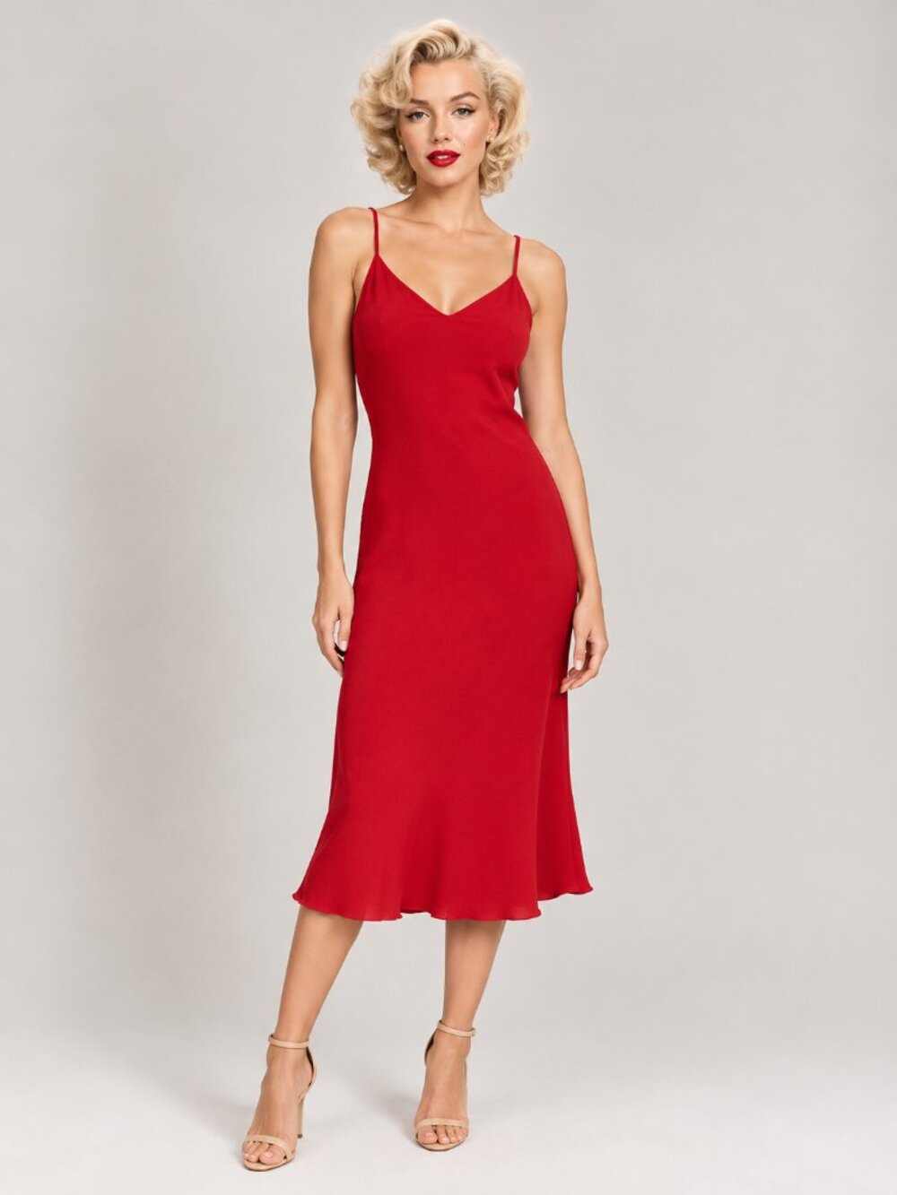 2/$30 Lands' End Satin V-Neck Midi Slip Dress Red 16 #A4805